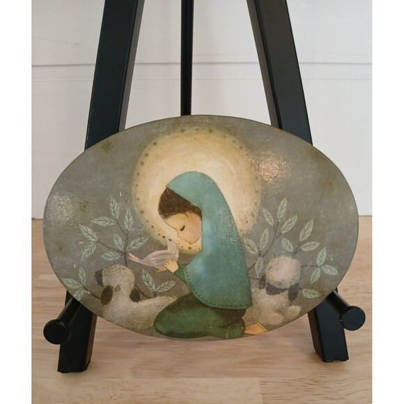 Other - Vintage Painted Oval Plaque Little Girl Holding Bird with Sheep Praying